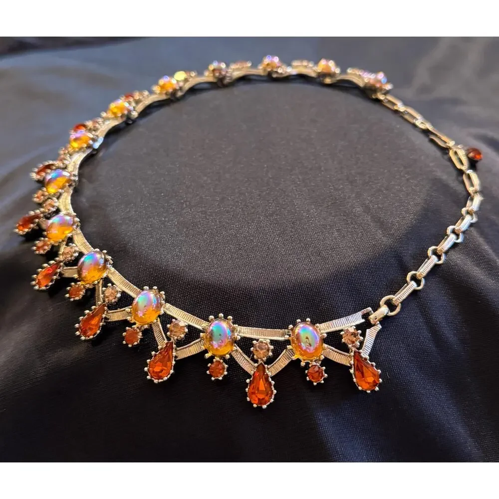Vintage Signed Coro Necklace and Clip Earrings Set • Teardrop Choker • AB Oil S